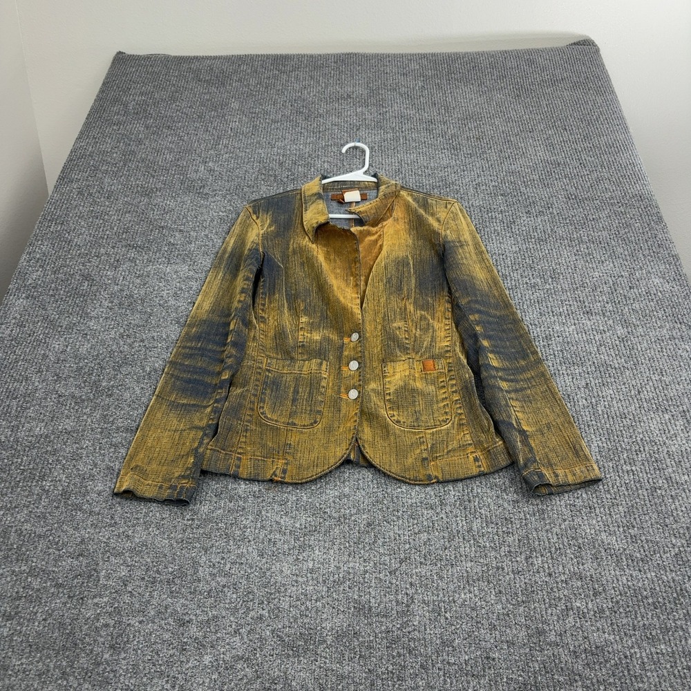 Let Me B Blazer Womens M Yellow Cotton Spandex Acid Wash Distressed Grunge Y2K